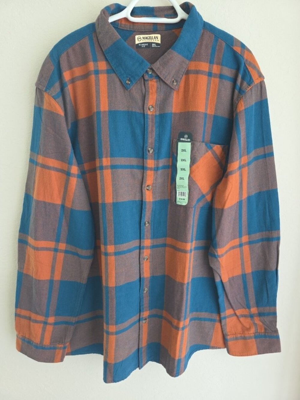 Magellan Outdoors Plaid Flannel Shirt‎ 2XL Blue Orange Cotton Button